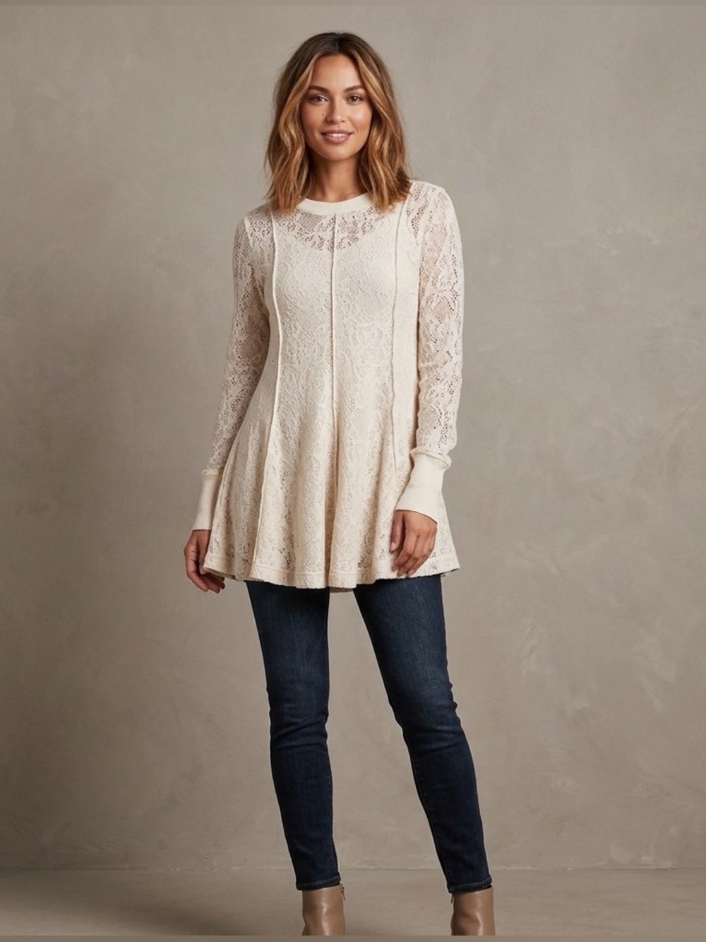 Free People Cream Boho Preppy Lace Flowy Long Sleeve Tunic Blouse Size Small